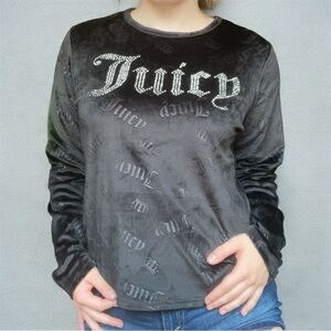 Juicy Couture black velour long sleeve silver rhinestone logo
